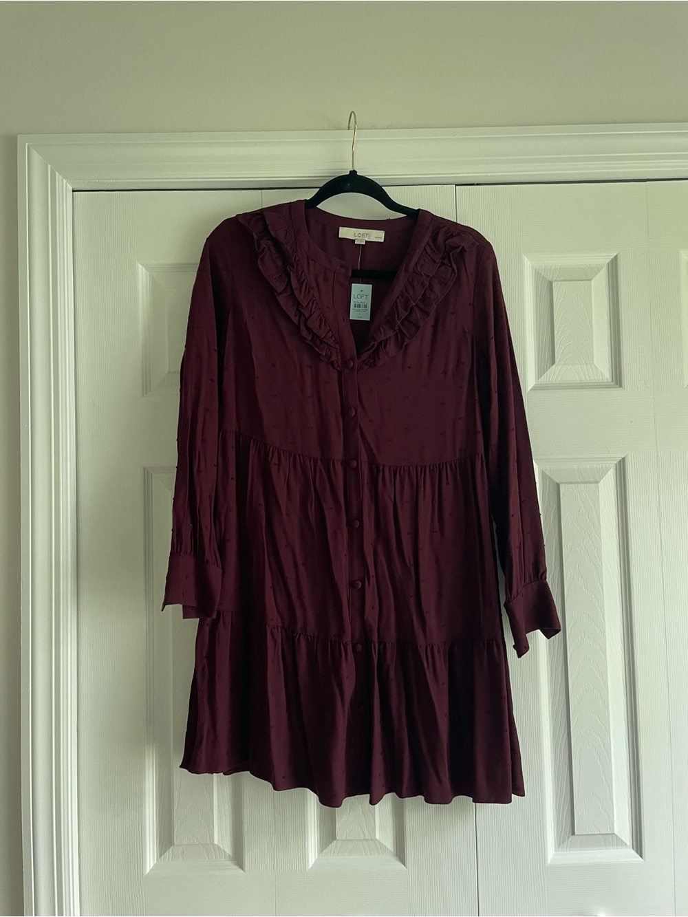 NWT LOFT Burgundy Long-Sleeve Ruffled Tiered Dress